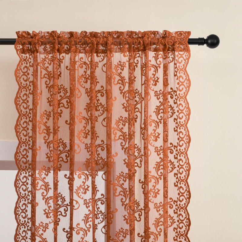 FOLKSIDE Rust Terracotta Lace Curtains 96 Inches Long 2 Panels Country Lace Sheer Curtains for Living Room Bedroom Rod Pocket Light Filtering Vintage French Drapes Pumpkin Fall Autumn Window Decor  52x96 - Image 3
